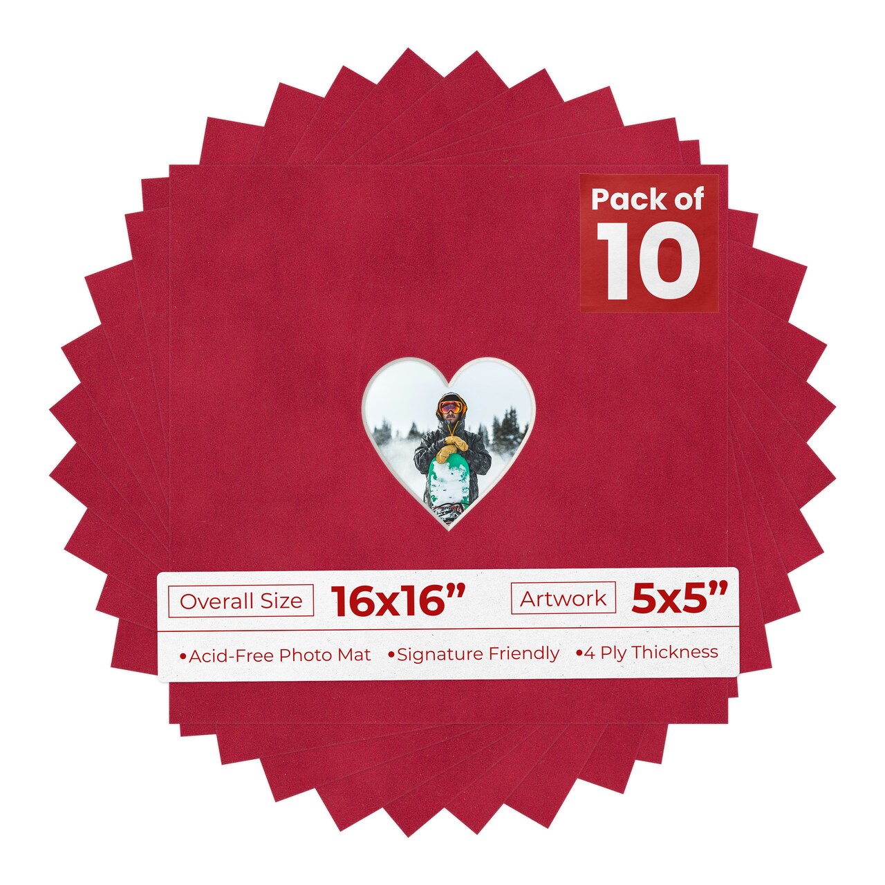 Red Suede Mat Board for 16x16 Frames - Heart Opening for 5x5 Photos